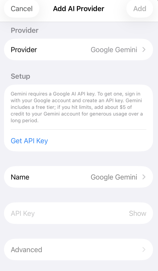 The Add AI Provider sheet showing Provider, Setup, Name, API Key and Advanced sections.
