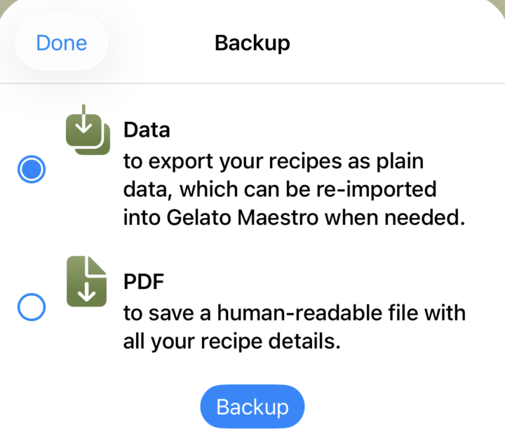 The data backup options.
