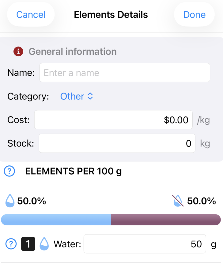 The ingredient editor with the general information card above and the Elements per 100 g card showing the water/solids bar and the section 1 Water field.