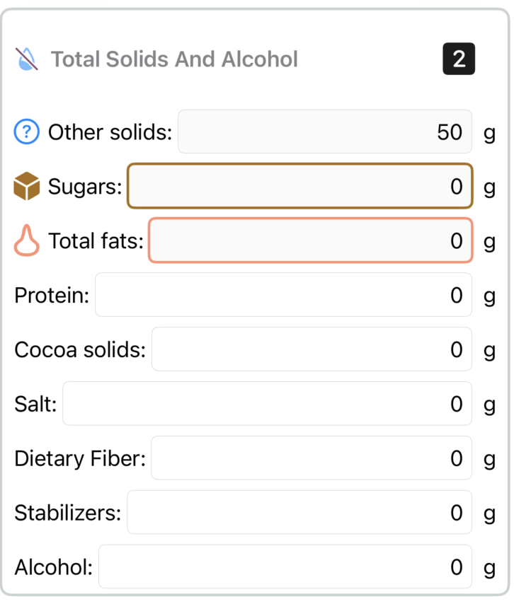 The Total Solids And Alcohol section (badge 2), showing Other solids, Sugars, Total fats (read-only) and the editable Protein, Cocoa solids, Salt, Dietary Fiber, Stabilizers, and Alcohol fields.