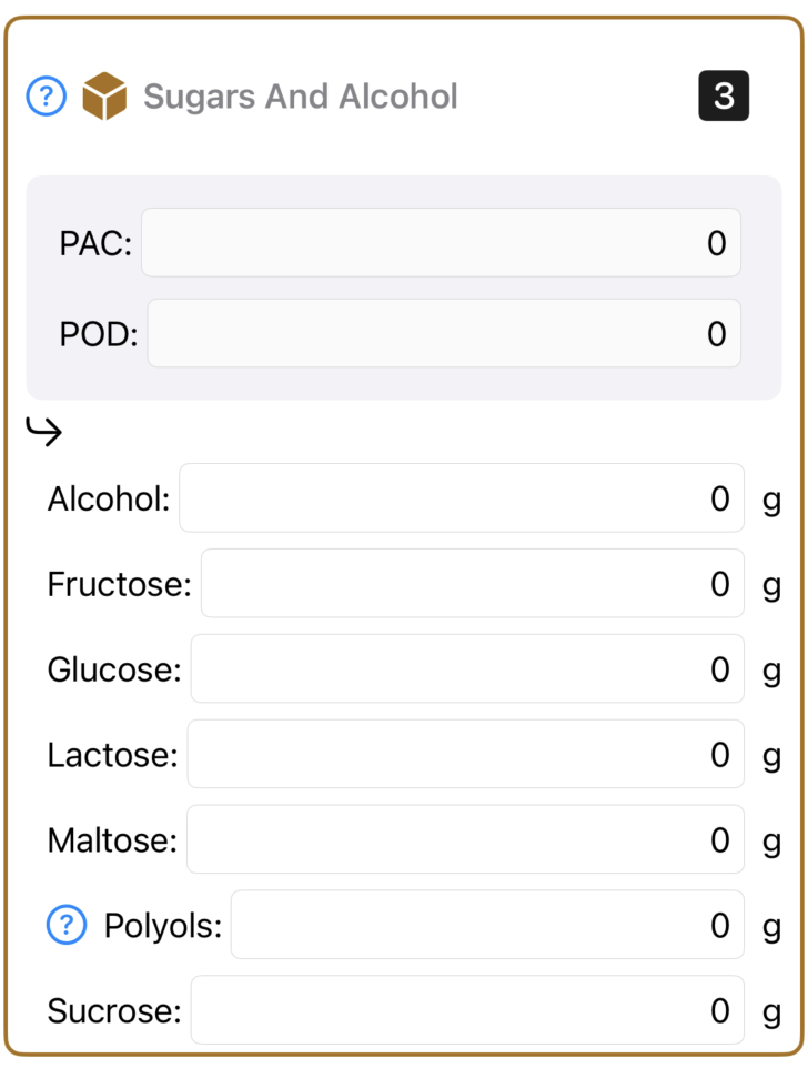 The sugars and alcohol section of the ingredient editor.