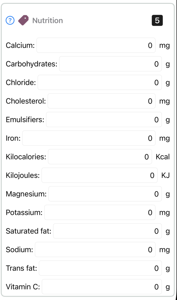 The Nutrition section (badge 5) with Calcium, Carbohydrates, Cholesterol, Emulsifiers, Iron, Kilocalories, Kilojoules, Magnesium, Potassium, Saturated fat, Sodium, Trans fat, Vitamin C fields.