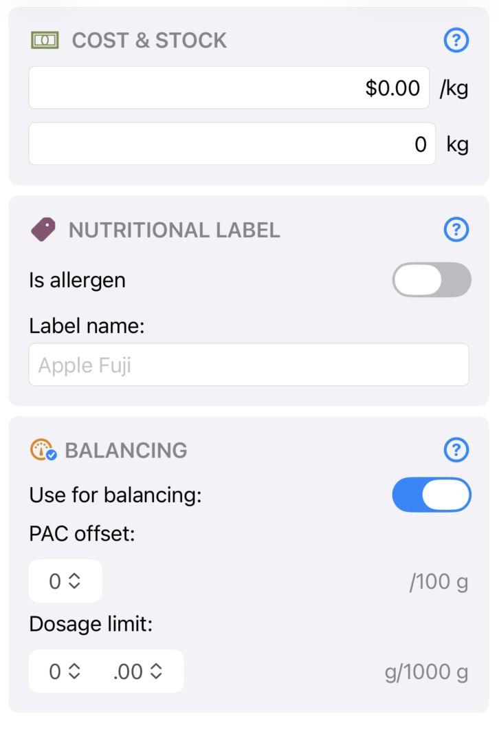 The Ingredient Detail view, showing main composition, charts, cost, stock and nutrition.