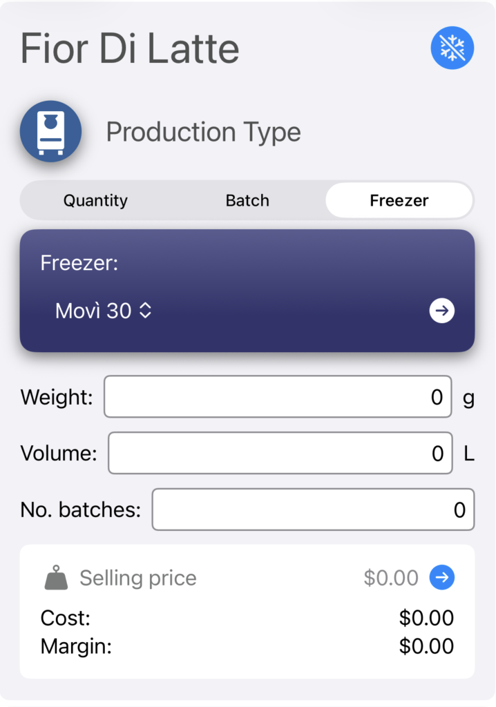 Make Gelato in Freezer mode: pick from configured batch freezers.