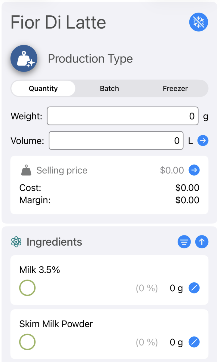 Make Gelato in Quantity mode: enter target weight and volume.