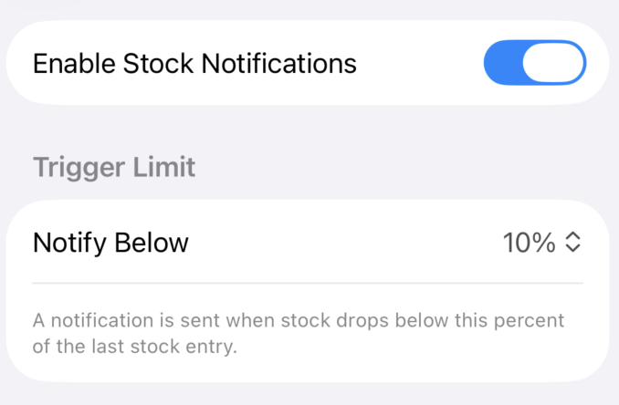 The Notifications settings page with the Stock entry.