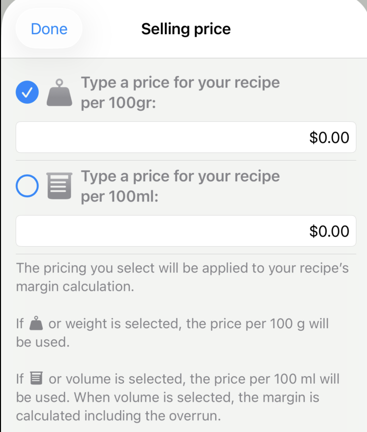 The Selling Price editor showing price per scoop, per weight or per unit.